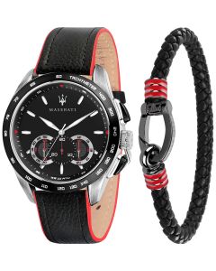 Maserati Traguardo cadeauset horloge + armband heren zwart/zilver/rood